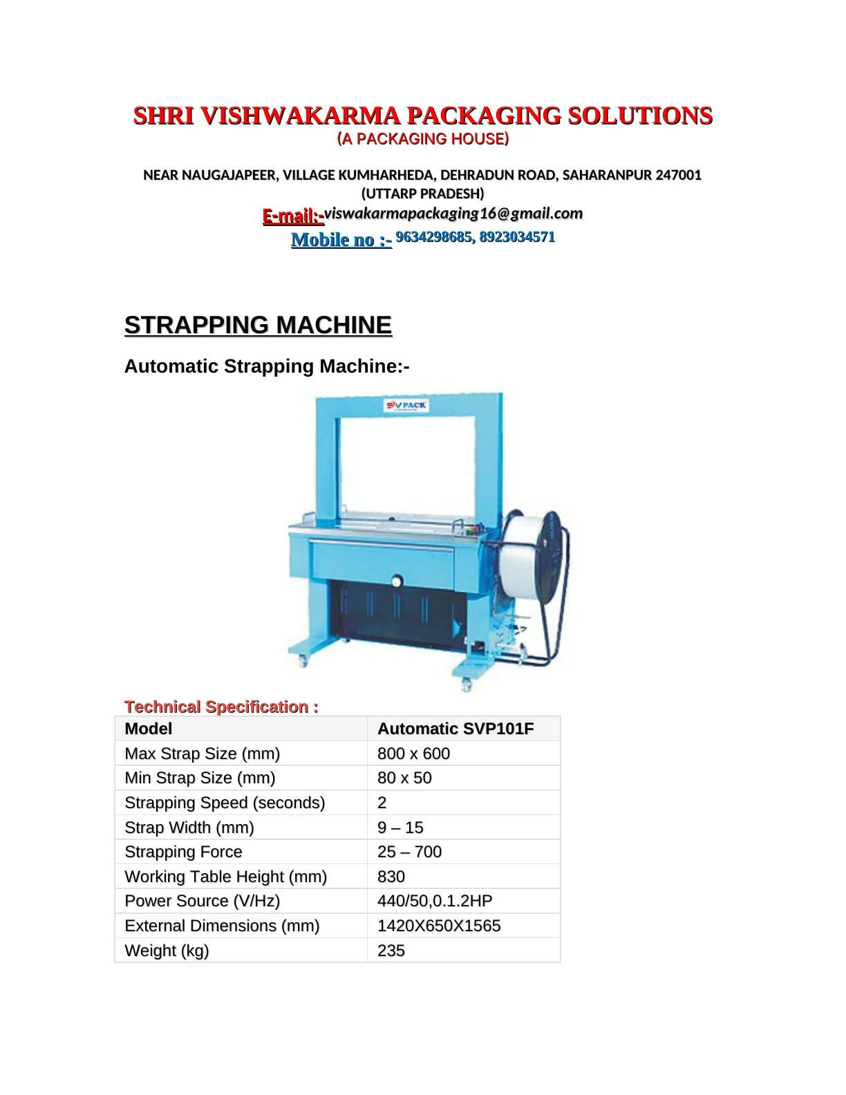 SVPACK catalogue, page 1. Full page text is available below the viewer.